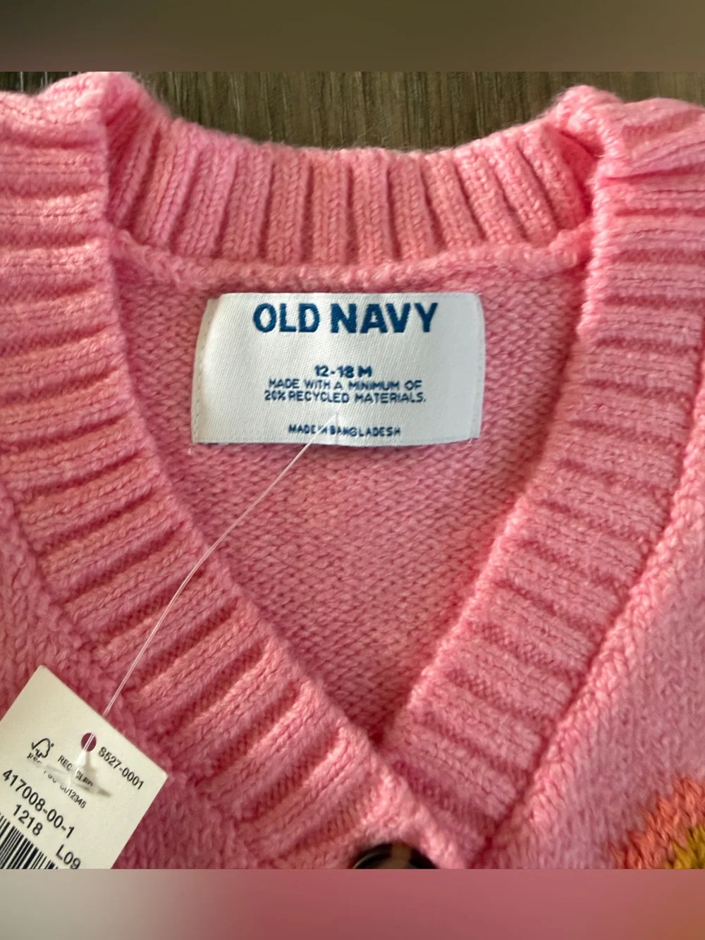 NWT-Old Navy Pink Knit Cardigan with Rainbow Detail-size 12-18 months